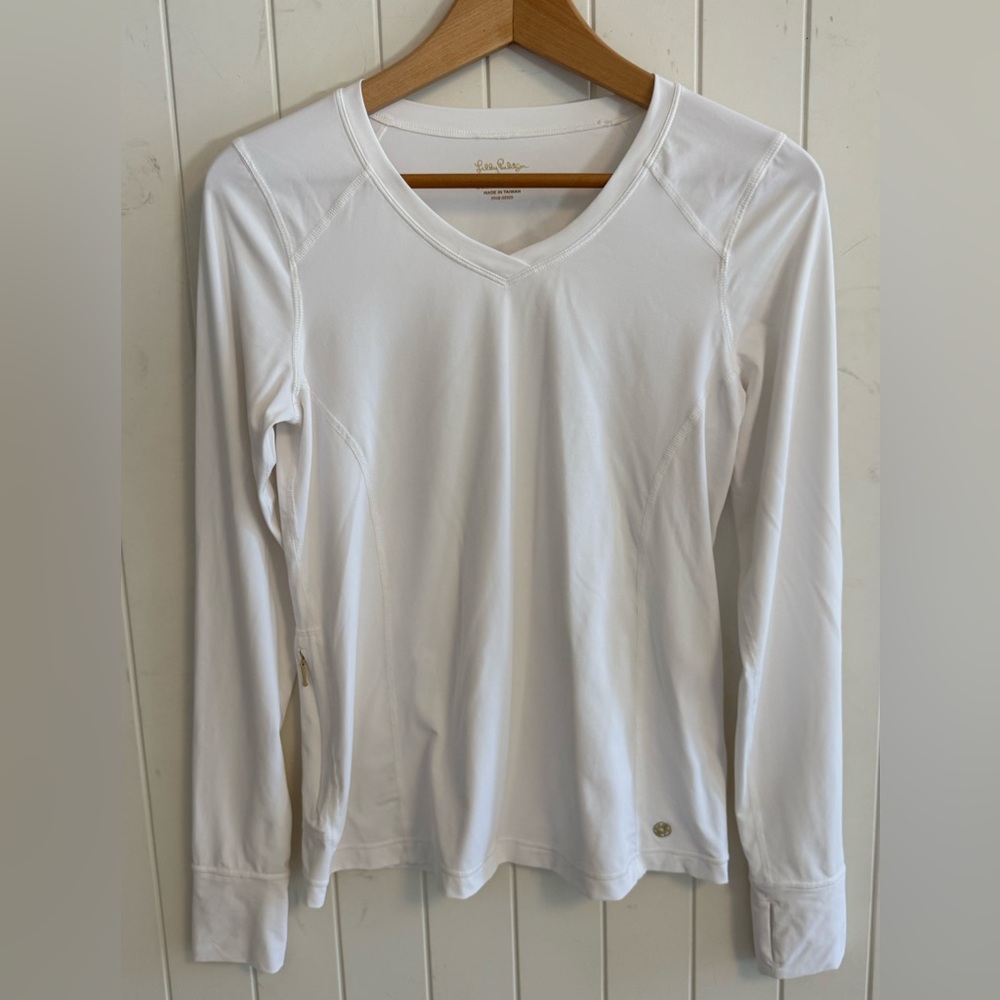 Lilly Pulitzer women’s Luxletic White Sunguard V Neck Shirt UPF 50 size S